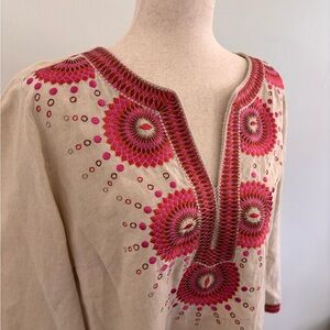 Charter Club XL 100% Linen Embroidered Tunic Pink and Red Details on light Tan
